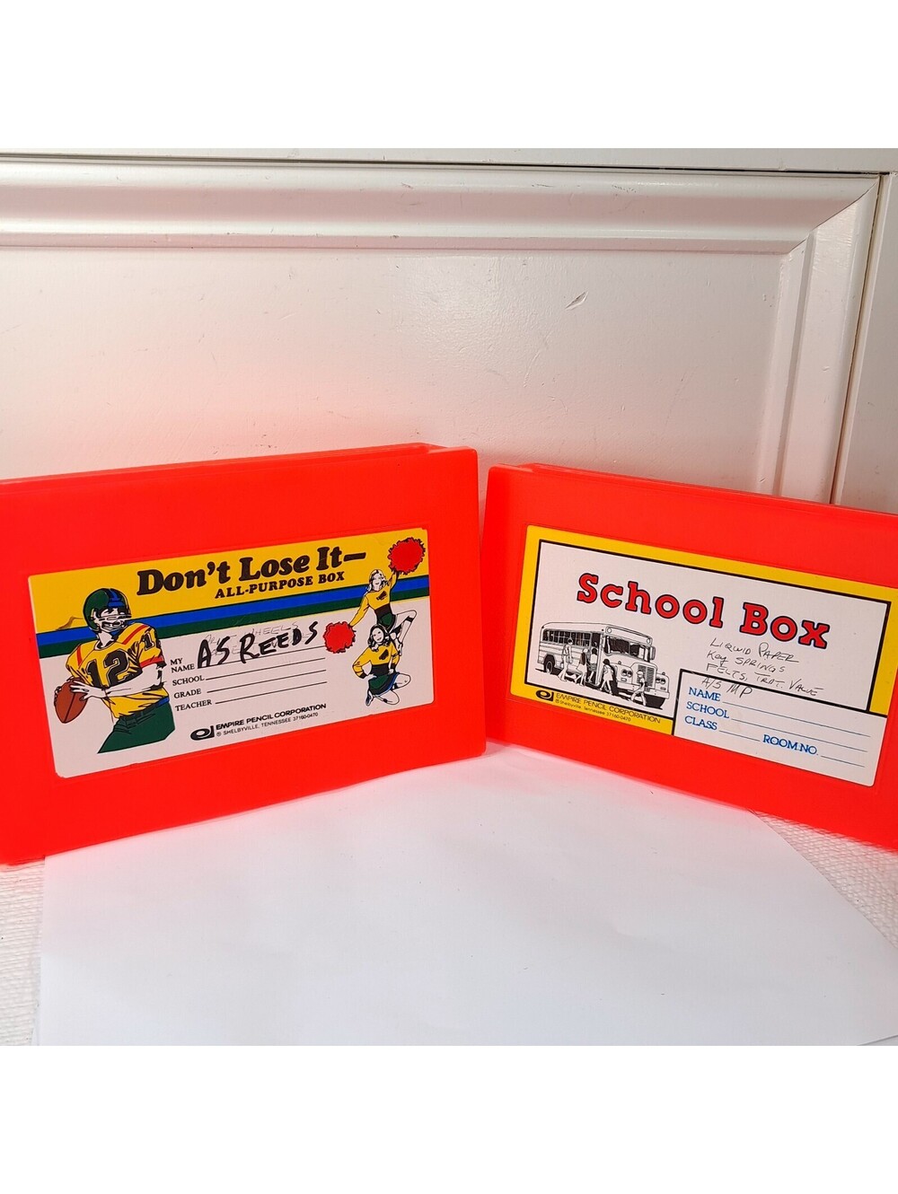 Vintage Empire Pencil School Box Case Bus & Football cheerleaders Plastic red